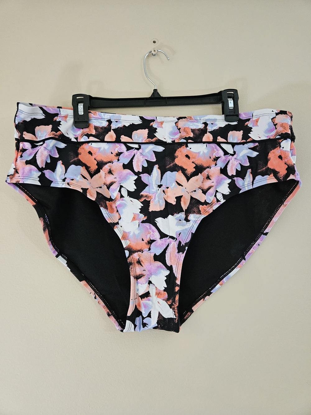 Floral High-Waist Bikini Bottoms - Black with Coral & Lilac